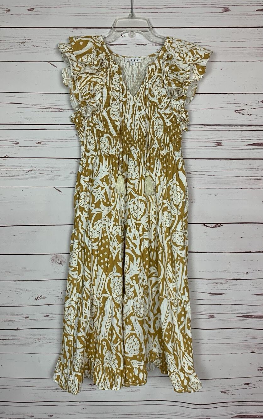THMl Anthropologie Women's M Medium Mustard Gold Ruffle Boho Pockets Long Dress